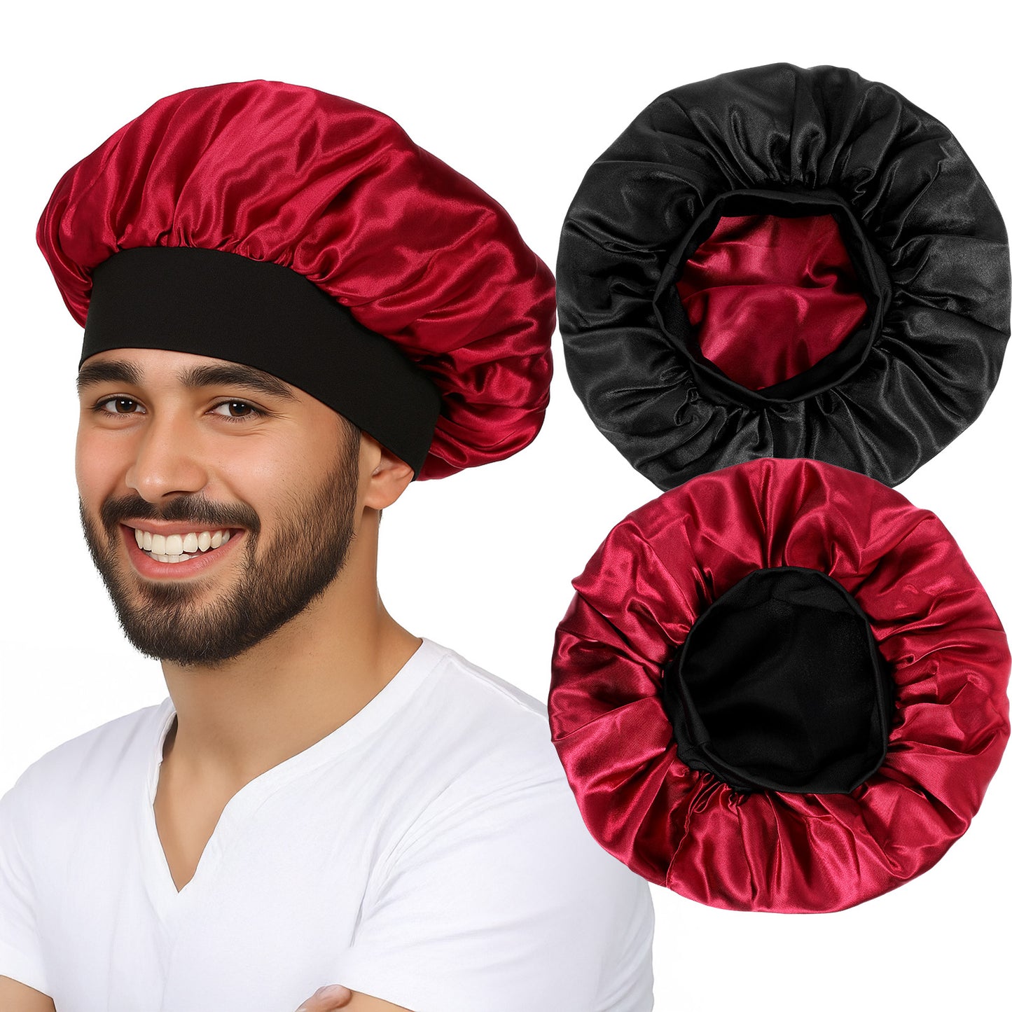 Guduling Silk Bonnet Men,Silk Bonnet for Sleeping Men,Adjustable Hair Bonnets for Sleeping Mens, Black Soft Adjustable Hair Cap Hairs Wrap for Curly Hairs Braids Stay on All Night