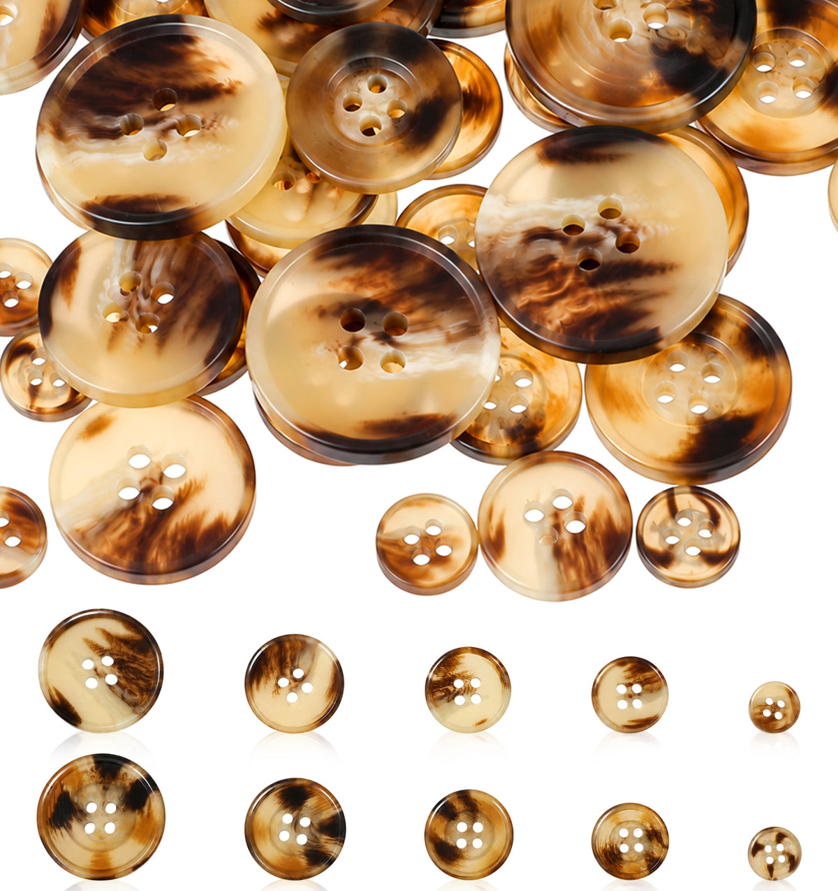 50 Pcs Tortoise Shell Buttons, Resin Brown Buttons 5 Sizes 10/15/18/20/25mm