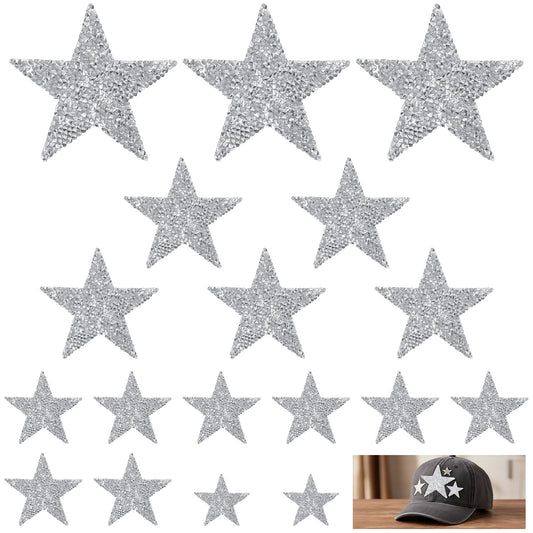 Classicseali 18 PCS Star Patches, 2/4/6/8cm Silver Star Iron on Patches, Iron on Stars for Clothing Jeans Backpack Hat Repair Decoration Appliques DIY