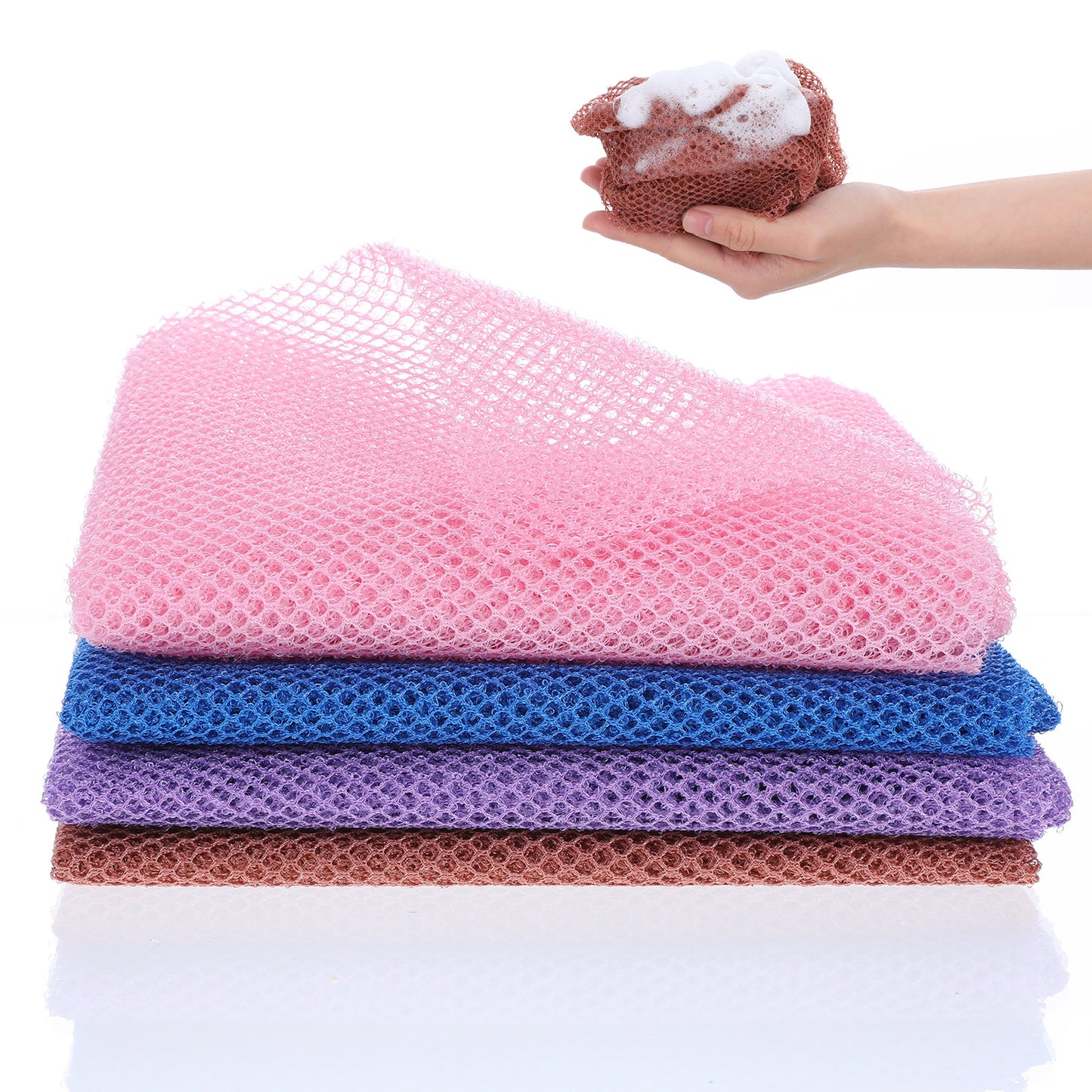 oruola 4pcs African Wash Net,African Net Sponge with Knots,African Net Cloth,Exfoliating Net Sponge for Deep Cleaning,80 x 30 cm Long African Shower Sponge for Men and Women(Purple,Blue,Brown,Pink)