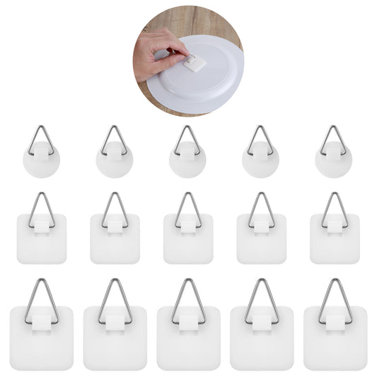 Classicseali 15pcs Stick on Picture Hooks, Adhesive Picture Hooks with Adhesive Backing, No Nails Required, Quick Stick Pictures Hangers, for Pictures Frames, Foam Board, and Wall Art,Round and Square