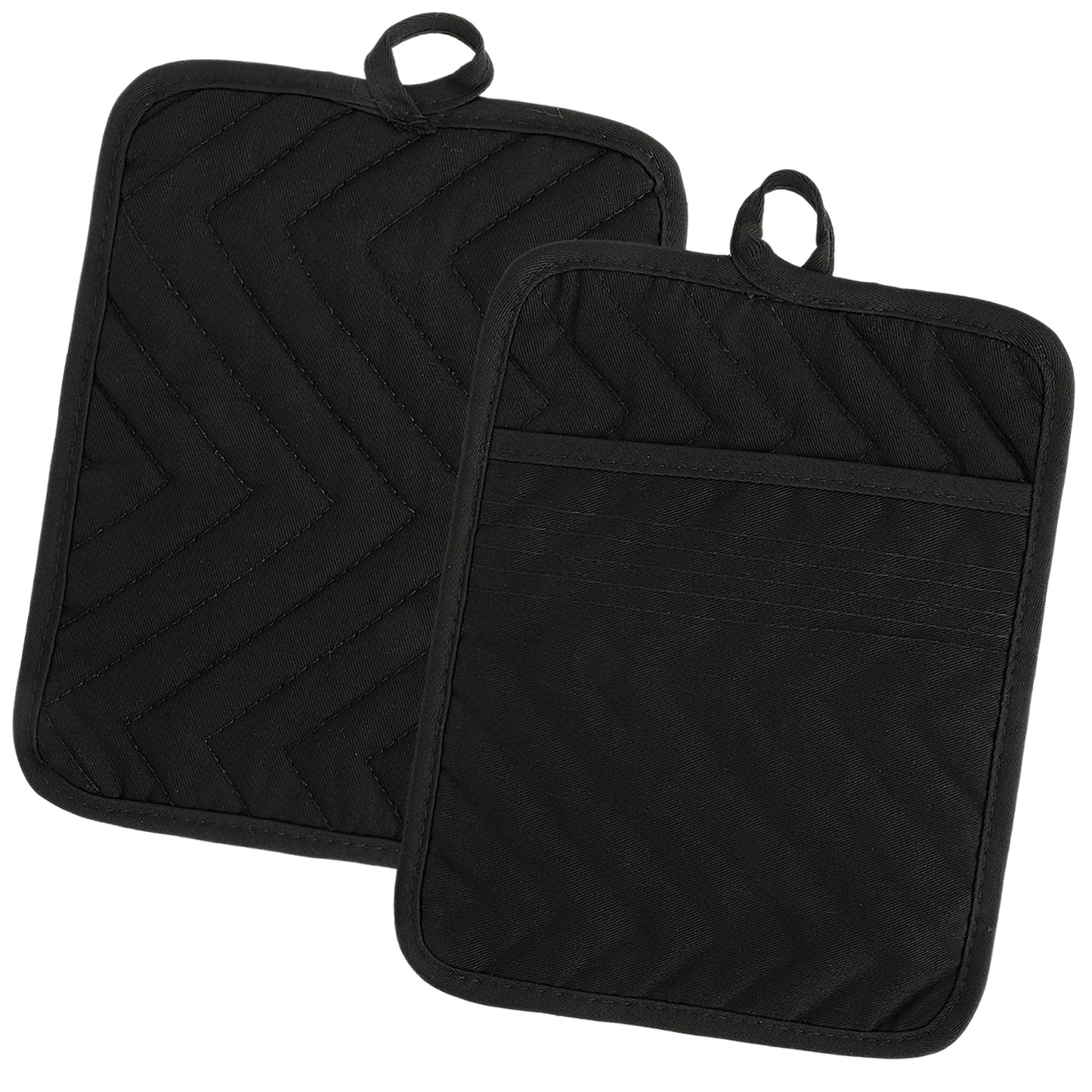 Oruola 2 Pack Black Pot Holders with Pocket,Cotton Heat Resistant Potholder,Baking Square Oven Mitts for Kitchen and Baking,7 x 9 Inches Large Pot Holder Set(Black)