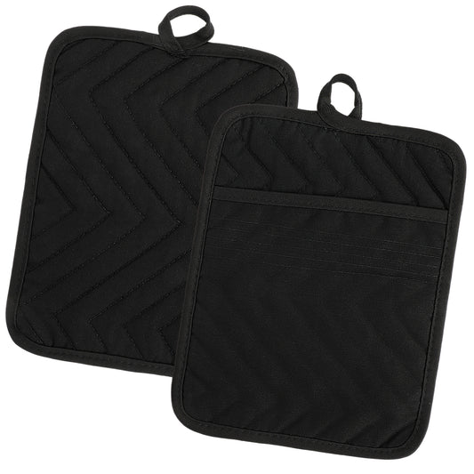 Oruola 2 Pack Black Pot Holders with Pocket,Cotton Heat Resistant Potholder,Baking Square Oven Mitts for Kitchen and Baking,7 x 9 Inches Large Pot Holder Set(Black)
