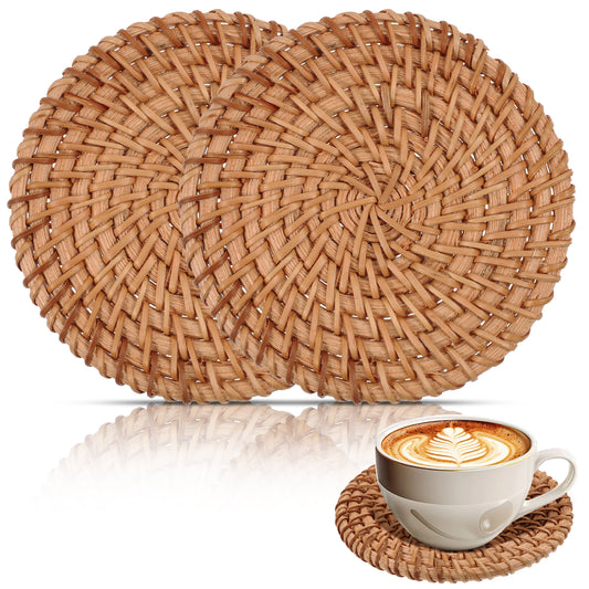 Classicseali 2pcs Rattan Coasters, 3.93In Natural Woven Coasters, Round Boho Heat-resistant Drink Wicker Coaster for Coffee Table Housewarming Gifts Hot Drinking Home Decor Protecting Table