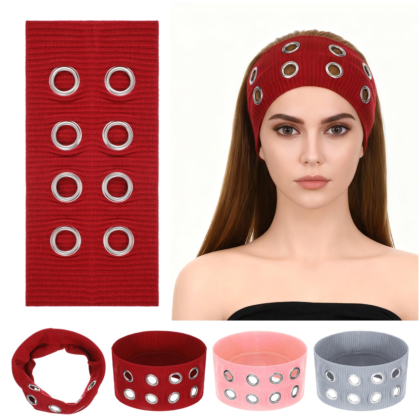 Elegaperma 3Pcs Women Hollow Out Eyelets Elastic Headband, Alternative Style Grommet Headband Set, Grunge Punk Headbands for Concert Festival Daily Streetwear Fashion