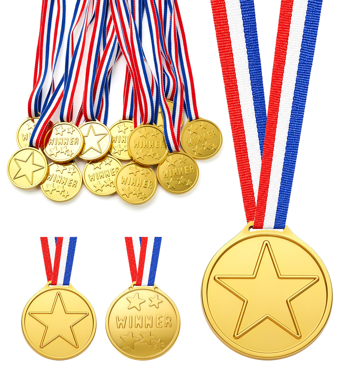 12 Pcs Medals for Children, Plastic Kids Medals with Colorful Ribbons