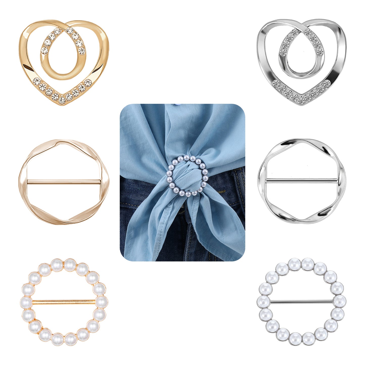 Classicseali 6pcs Scarf Ring, Metal T-Shirt Ties or Rings, Scarf Ring Clips, Durable and Resistant to Deformation and Slipping,for Tying the Corners of Scarves, Belts, and Vests,3 Styles