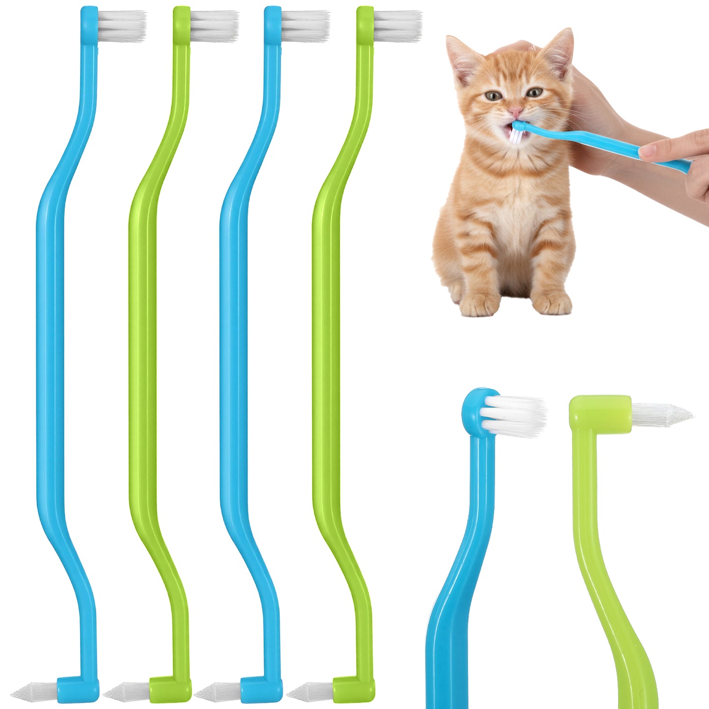 Guduling 4 Pcs Double Headed Dog Toothbrush Set,Cat Toothbrush Round,Soft Puppy Toothbrushes with Micro Brush Head & Curved Handle to Reduce Plaque Tartar Formation(Blue,Green)