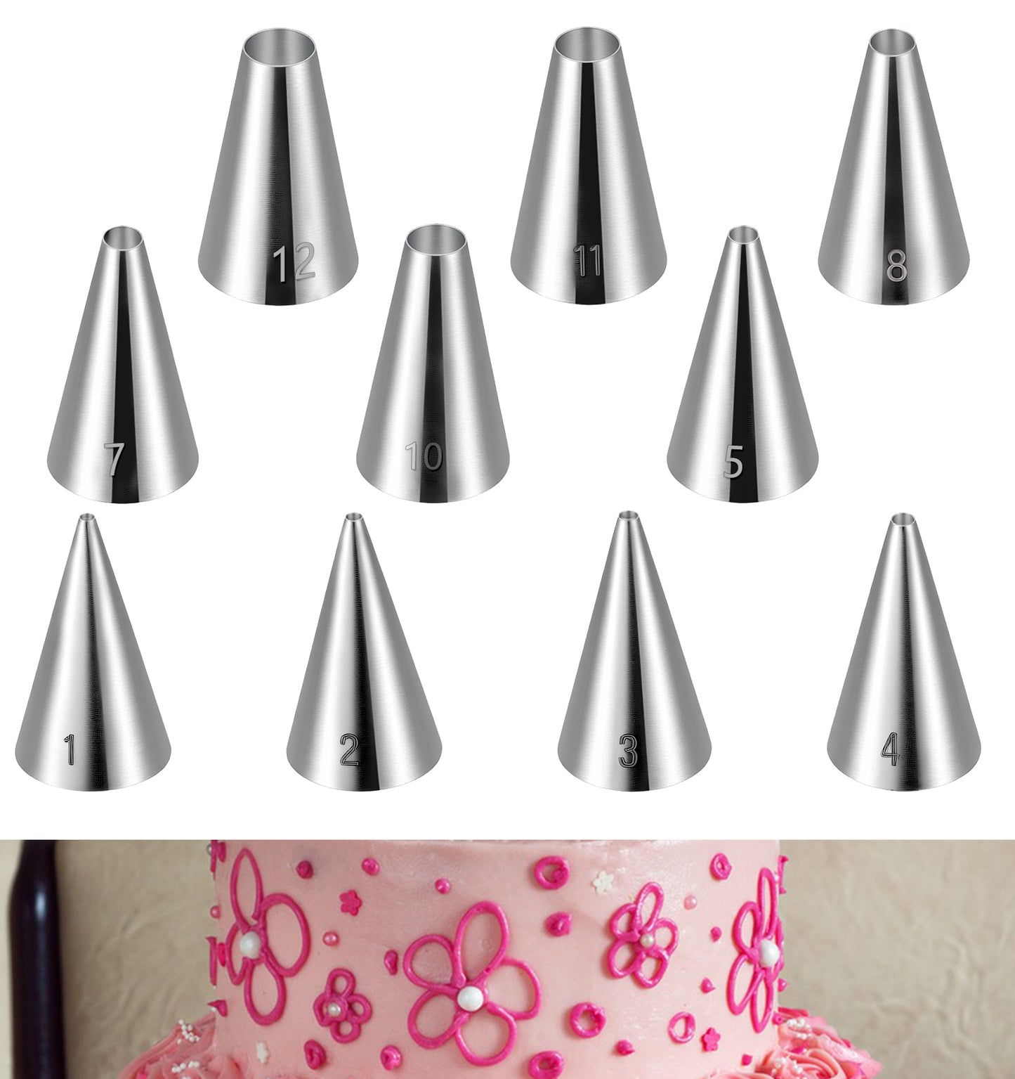 10 Pcs Piping Nozzle, Stainless Steel Round Hole Piping Nozzles Set, Baking Accessories for Cake Decorating, Cupcake Icing, Cream Piping and Pastry DIY Creation