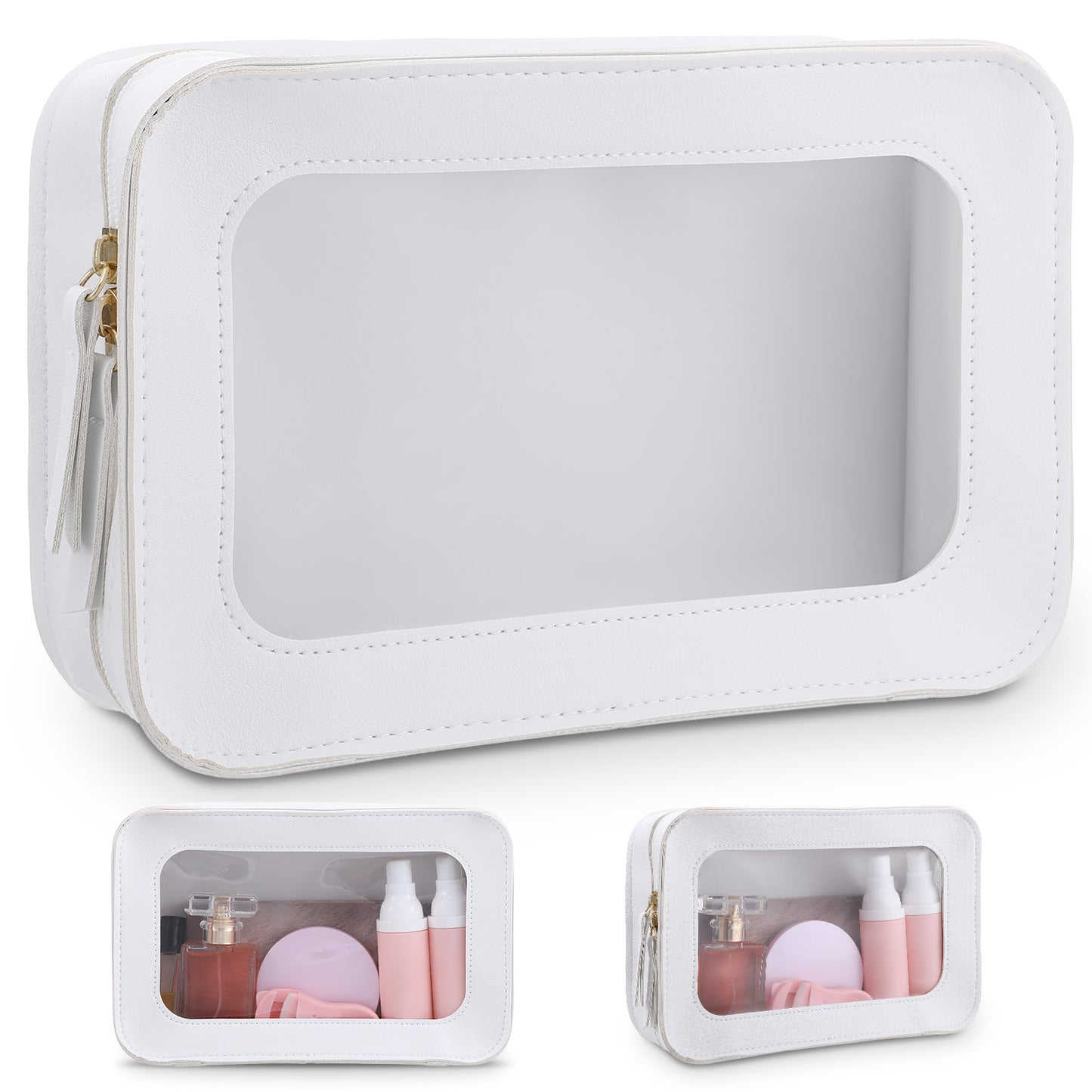 Guduling Travel Make up Bag, Waterproof Makeup Bag Clear, Clear Makeup Bags for Travel with Double Zippers, PU Small Toiletry Bags for Women & Girls (White)