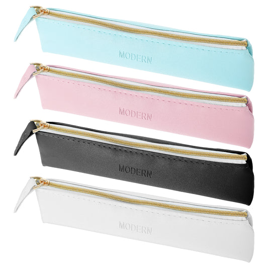 oruola Leather Pencil Case, Small Pencil Case, Coloured Slim Pencil Case with Metallic Zipper, Portable Leather Pencil Case for Student Office College, Makeup Bag, Storage Bag (Black+White+Blue+Pink)