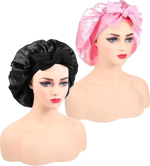 2 Pack Silk Bonnet with Tie, Bonnet for Sleeping with Tie, Silk Bonnet Hair Bonnets for Black Pink for Women and Men Sleeping Large Hair Hat