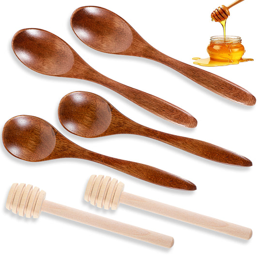 Oruola 6pcs Honey Spoon Wooden, Honey Comb Sticks, 3 Different Shapes of Wooden Spoon for Honey Jar Dispense Drizzle Honey and Wedding Party Gift
