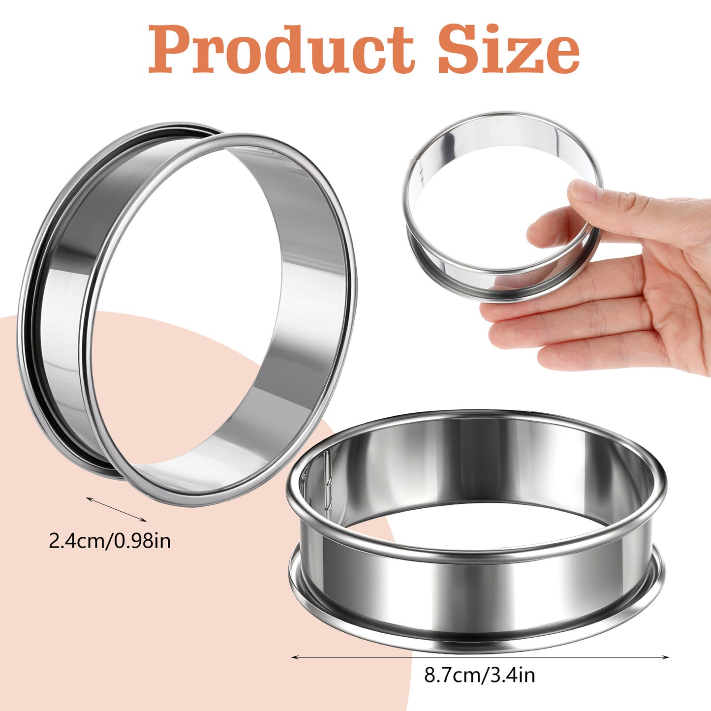 Classicseali 4pcs Cooking Rings, 8.7cm Stainless Steel Tart Rings for Baking, Round Metal Cooking Pastry Rings, Non Stick Crumpet Rings, Round Egg Rings, Black & Silver