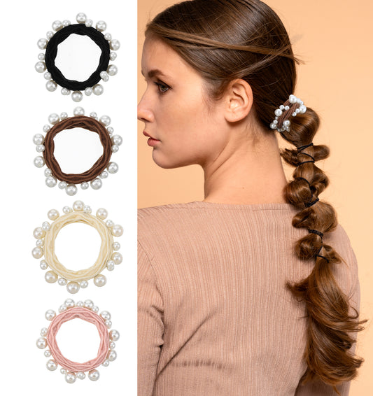 Pearl Hair Accessories, 4 Pcs 5 cm Elastic Elegant Decorative Ponytail Clip Ties with Pearls & Dessert-inspired Textured Ponytail Accessories for Women, Girls (4 Colors)
