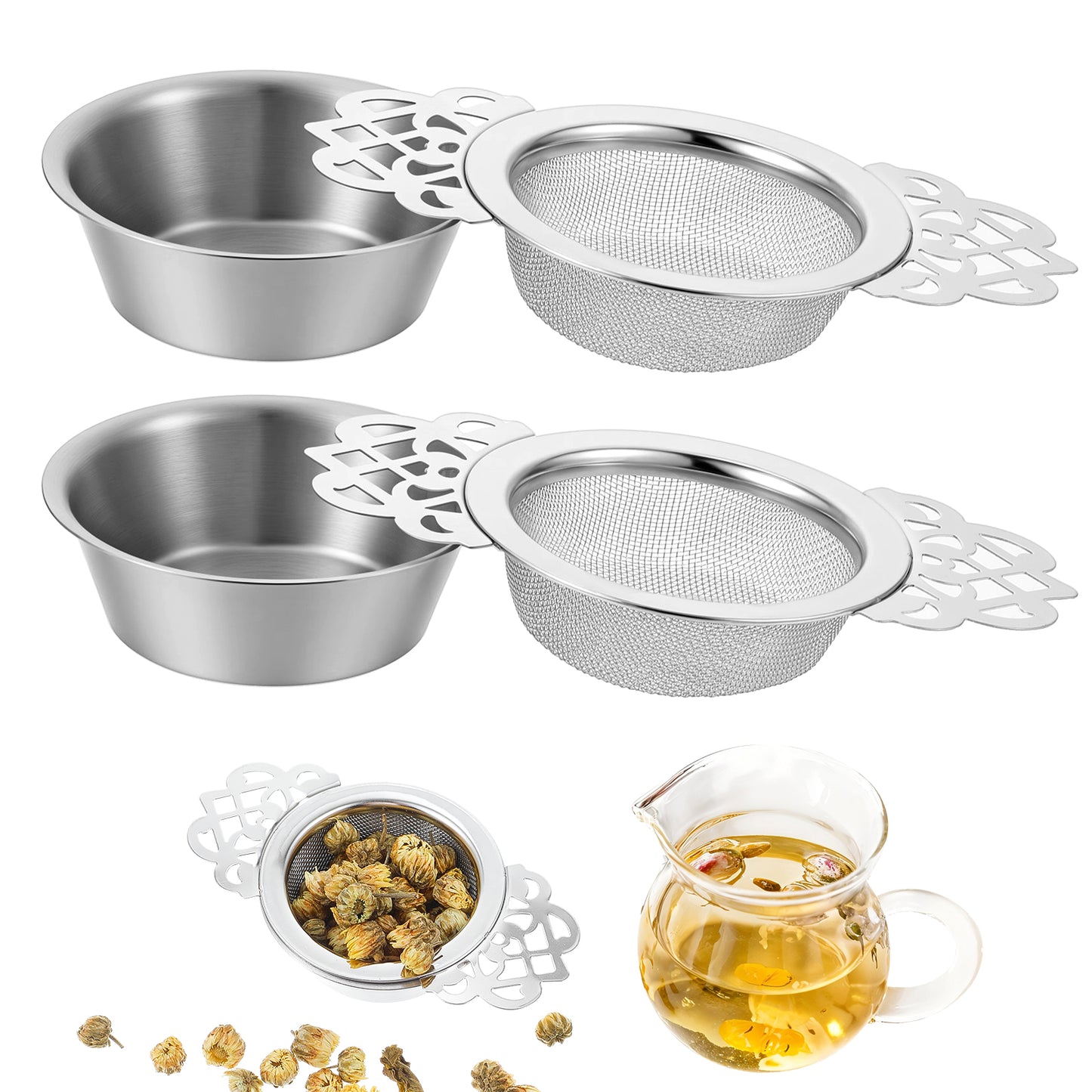 Guduling 3 Pcs Tea Strainers,Stainless Steel Fine Mesh with Drip Bowls,Loose Tea Infusers Strainers 7cm Diameter Mini Teas Fine Sieve Ideal for Loose Teas Juice Coffee Filter