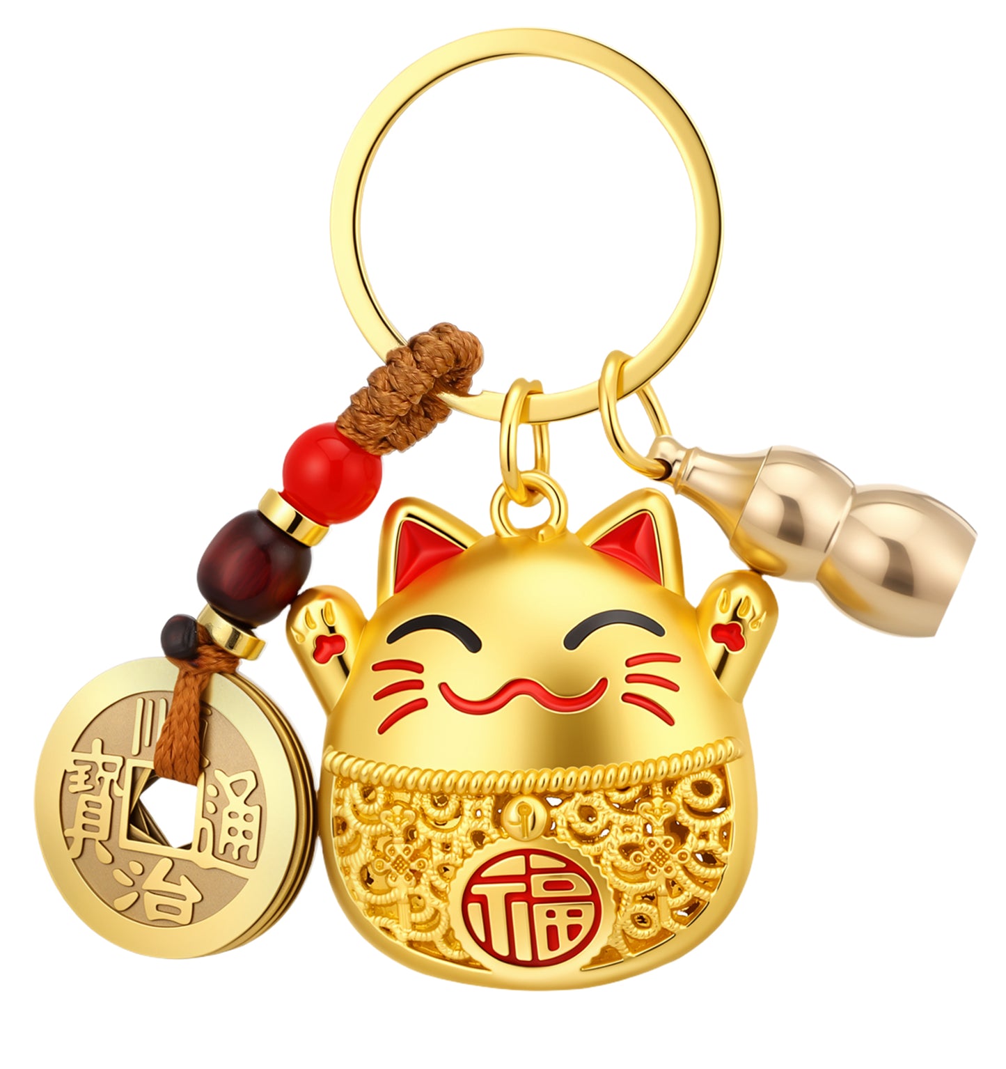 ValueBargain Maneki Neko Keychain with Feng Shui Coins, Tassel & Gourd, Brass Cat Keyring for Good Luck (9.8 cm, Red Cord)