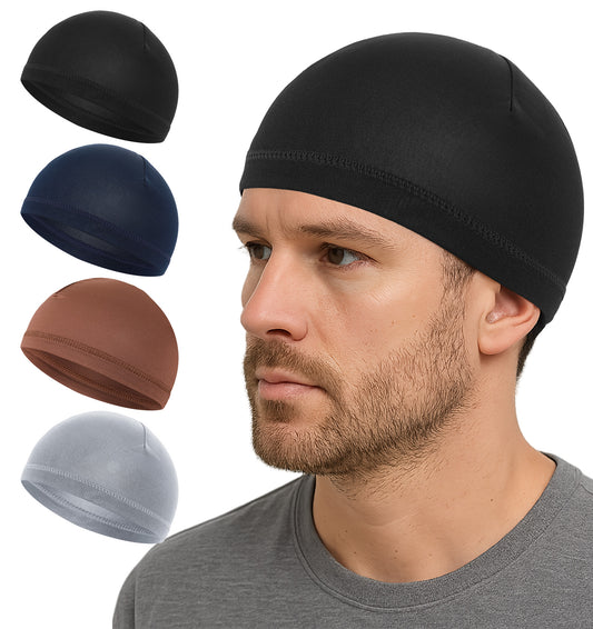 Skull Caps, 4 Pcs Breathable Polyester Wave Cap for Men, Moisture Wicking and Stretch for Sleeping, Running, Cycling (3 Colors, 50-58 cm)