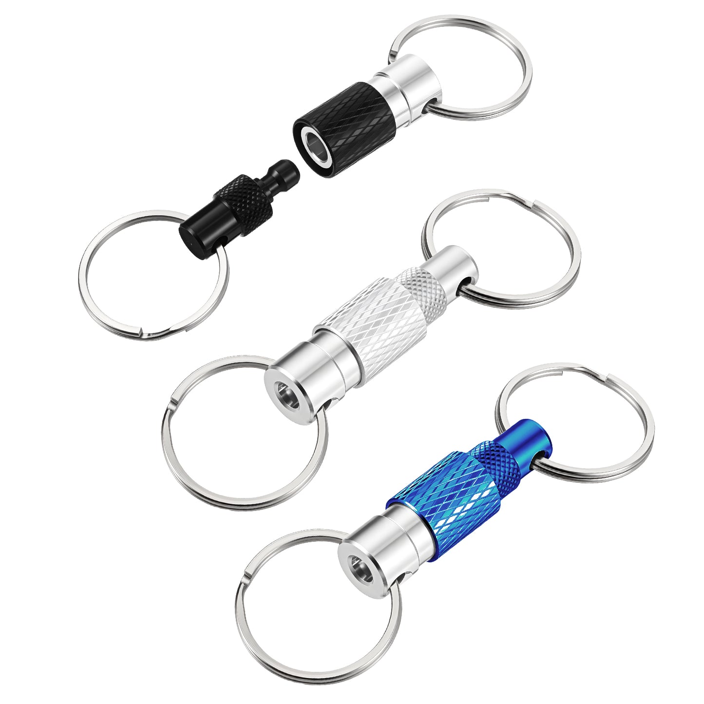 guduling 3pcsQuick Release Keyring, Aluminum Alloy Detachable Key Ring, Dual Pull Apart Key Chain for Men Women (Silver, Black, Blue)