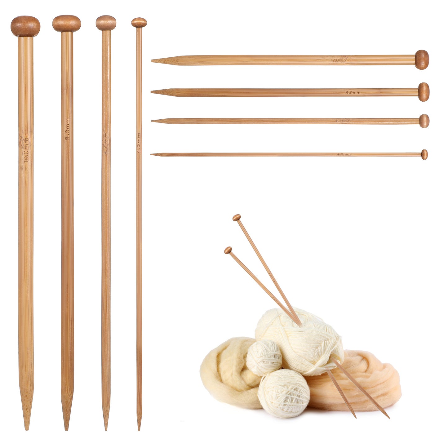 Guduling 8pcs Bamboo Knitting Needles, Short Knitting Needles, Single-Pointed Bamboo Wood, Suitable for Beginners and Professional Knitters (4/6/8/10 MMX 25cm)