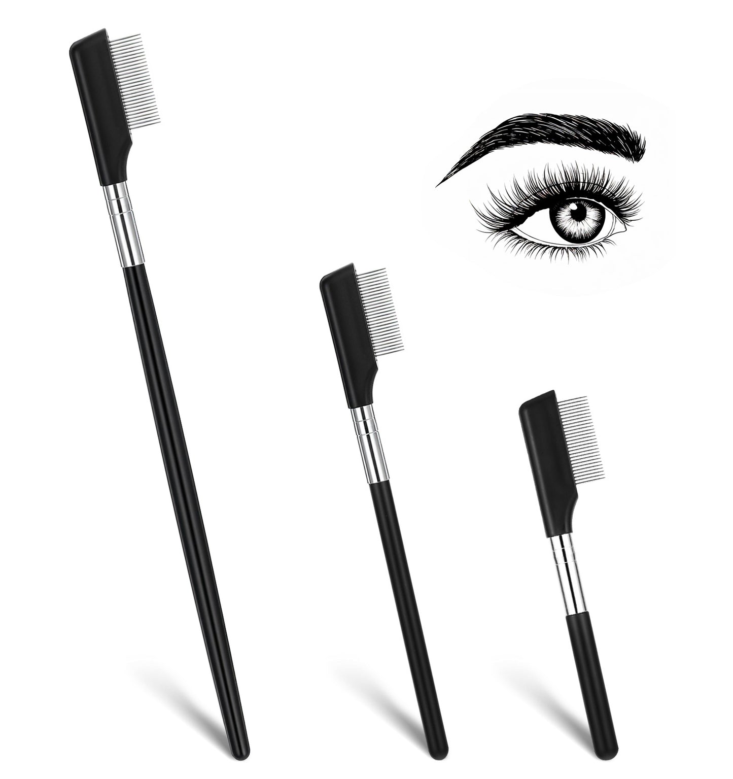 3 Pcs Eyelash Comb Separator, ABS+Aluminium Metal Teeth Grooming Tool for Eye Makeup, Short/Medium/Long Handle (Black)