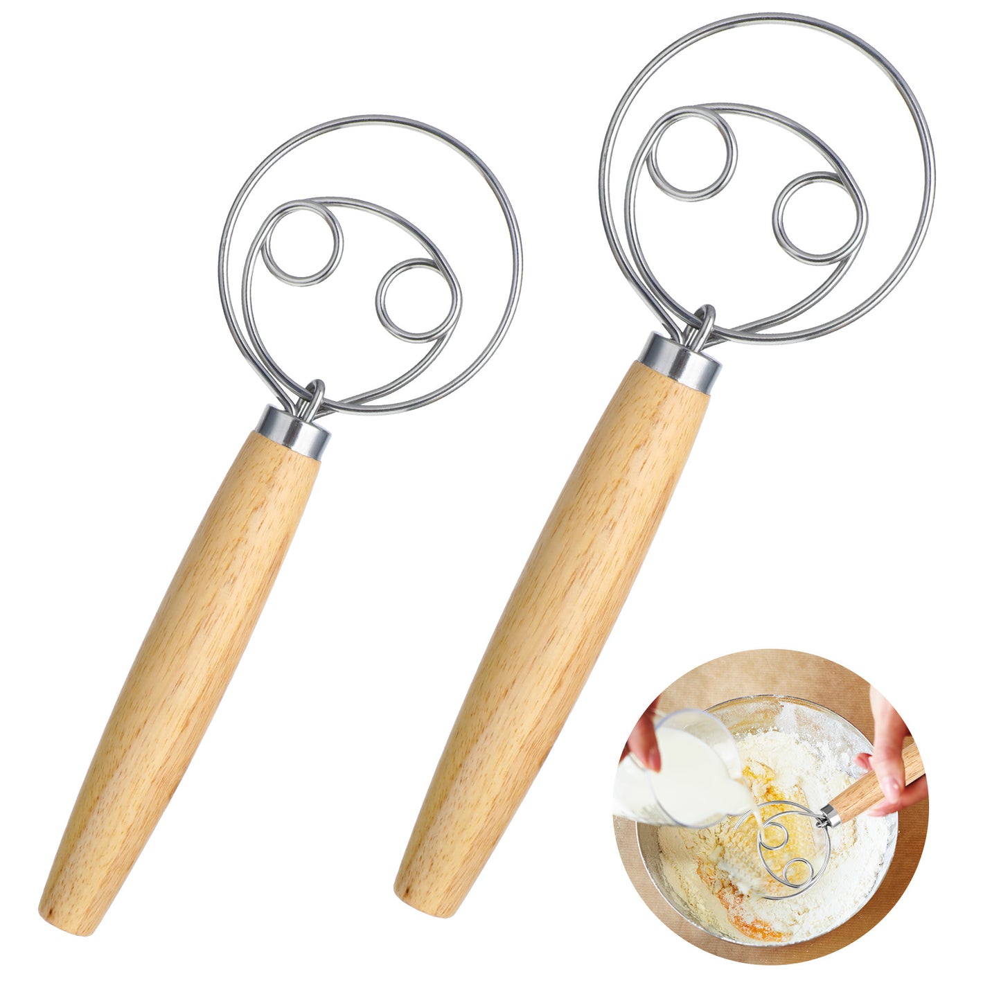 Elegaperma 2PCS Dough Whisk, Oak Handle Danish Dough Whisk Set with Two Sizes for Versatile Bread Whisk and Baking Needs