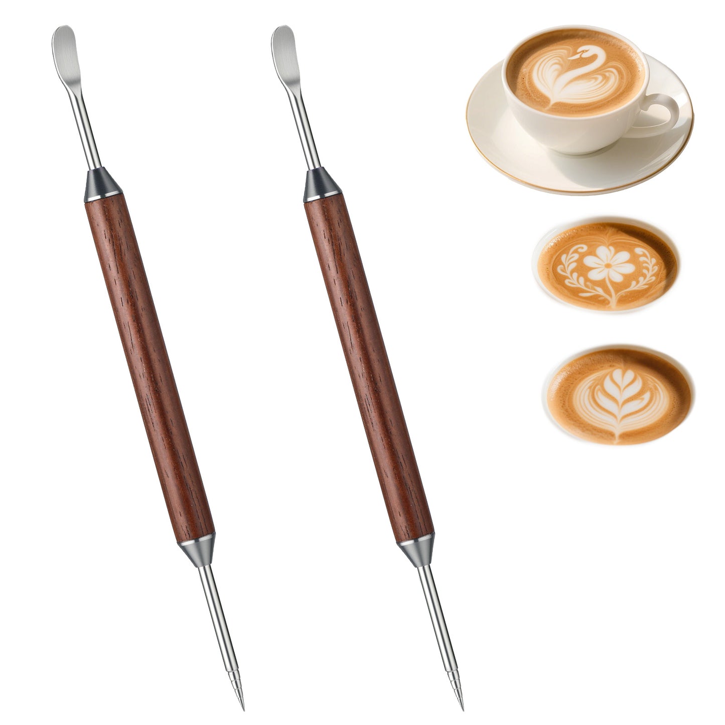 Guduling 2 Pcs Latte Art Pen, Double-Ended Stainless Steel Barista Tools with Black Wood Handle, Professional Coffee Art Pen for Home Cafe Cocoa, Cinnamon Designs, Barista Accessories
