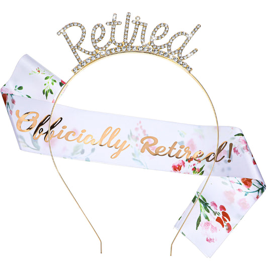 Oruola Retirement Tiara and Sash Set - Elegant Gold Retirement Tiara & Retired Crown Headband and Sash for Women's Happy Retired Party Decorations