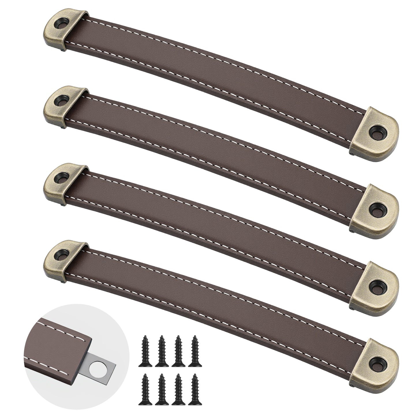 Classicseali 4 Pcs Leather Drawer Pulls, Leather Cabinet Pulls for Drawers, Luggage Handle Replacement, Suitcase Handle, Brown Luggage Pulls for Cabinets, Trunk Handles with Screws