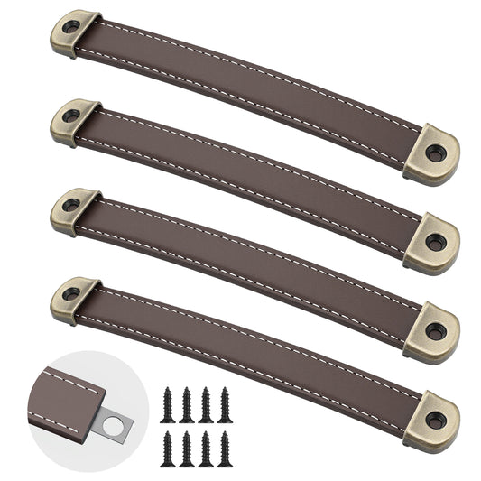 Classicseali 4 Pcs Leather Drawer Pulls, Leather Cabinet Pulls for Drawers, Luggage Handle Replacement, Suitcase Handle, Brown Luggage Pulls for Cabinets, Trunk Handles with Screws