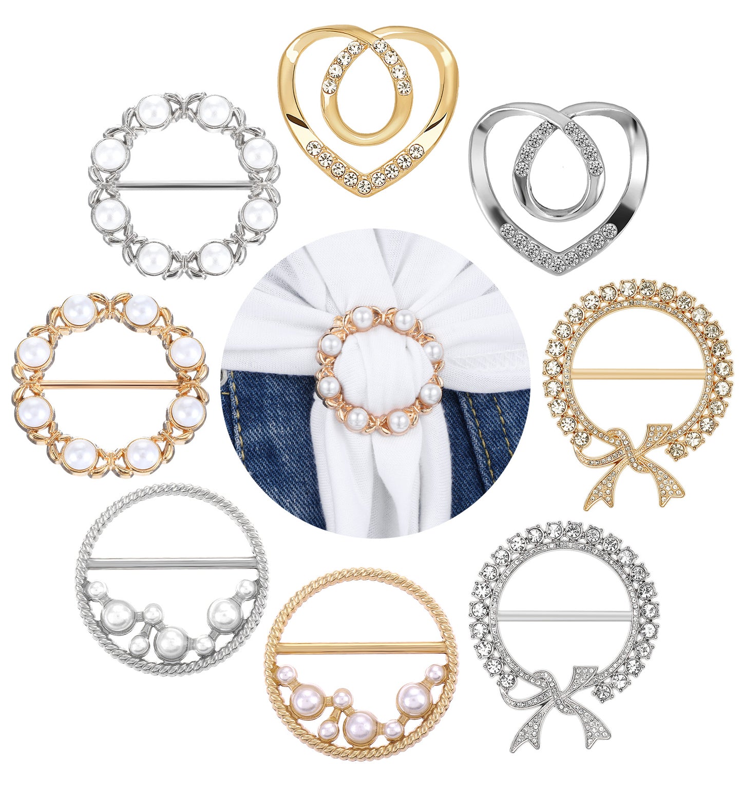 ValueBargain Tshirt Clips for Women, 8PCS Rhinestone Scarf Rings for Side Adjustment, Alloy Metal Clasp for Dress, Sweater Scarves T-Shirt Waist Cinch