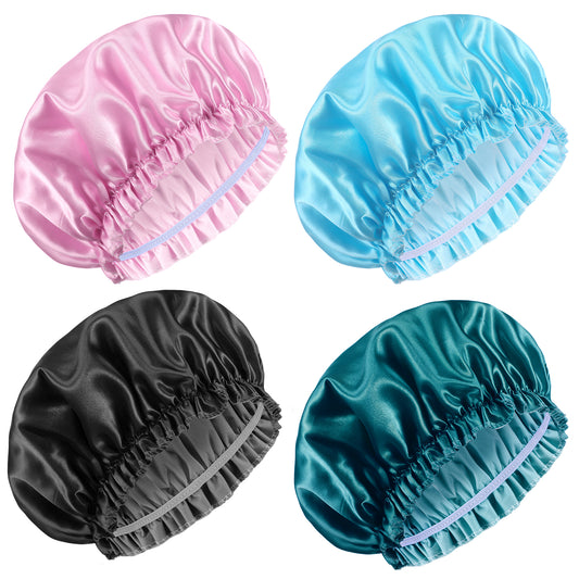 Oruola 4pcs Hair Cap for Shower,Women Shower Cap with Elastic,Double Waterproof Layers Showercap Satin Bonnet,Shower Caps for Women Reusable Waterproof,Suitable for Long Hair, Braids Multicolor