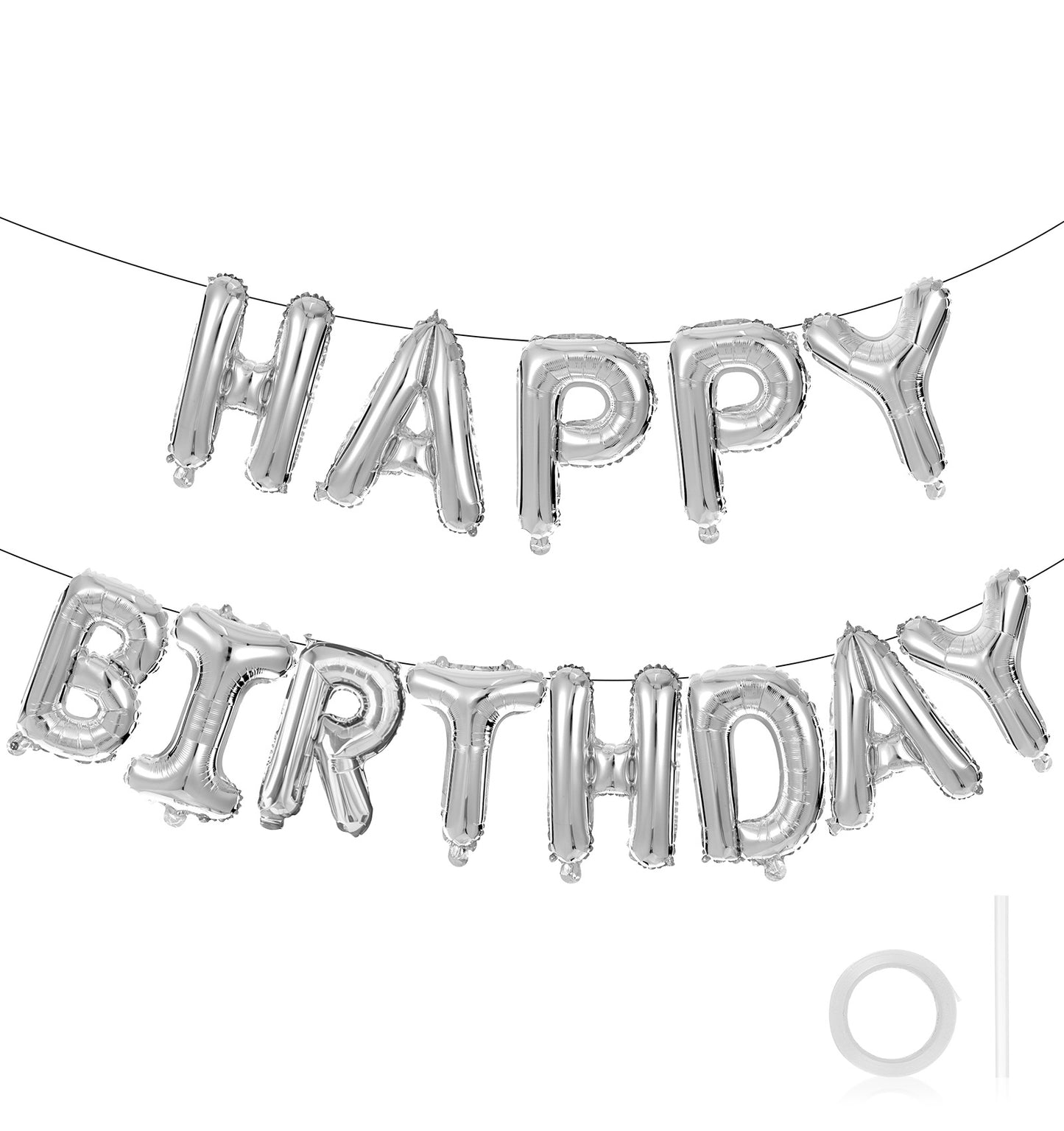 Happy Birthday Balloon Banner, 16" Silver Reusable Foil Inflatable Balloons Decorations for Kids & Adults Birthday Party Supplies, Girls & Boys