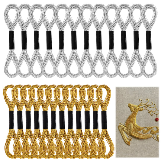 Oruola 24Pack Metallic Embroidery Thread, Cross Stitch Gold and Silver Thread Satin Polyester Thread, Gold and Silver Silk Thread for DIY Bracelet Weaving Embroidery Crafts Art