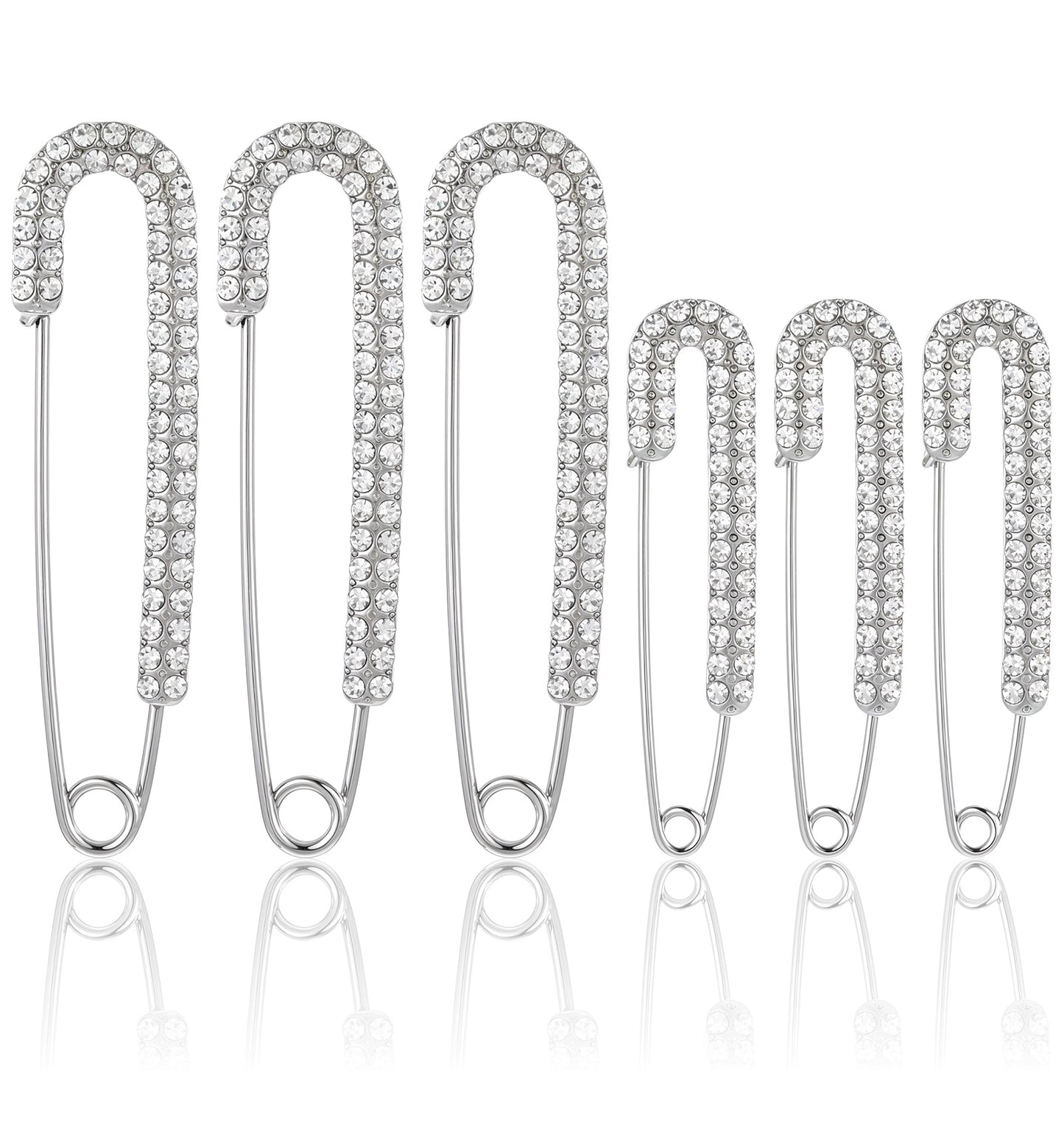 Decorative Safety Pins 6-Pack - Rhinestone Brooch Clips for Sweaters/Dresses/Scarves, Faux Crystal Fashion Accessories for Women (Silver Sparkle Non-Slip Clips)