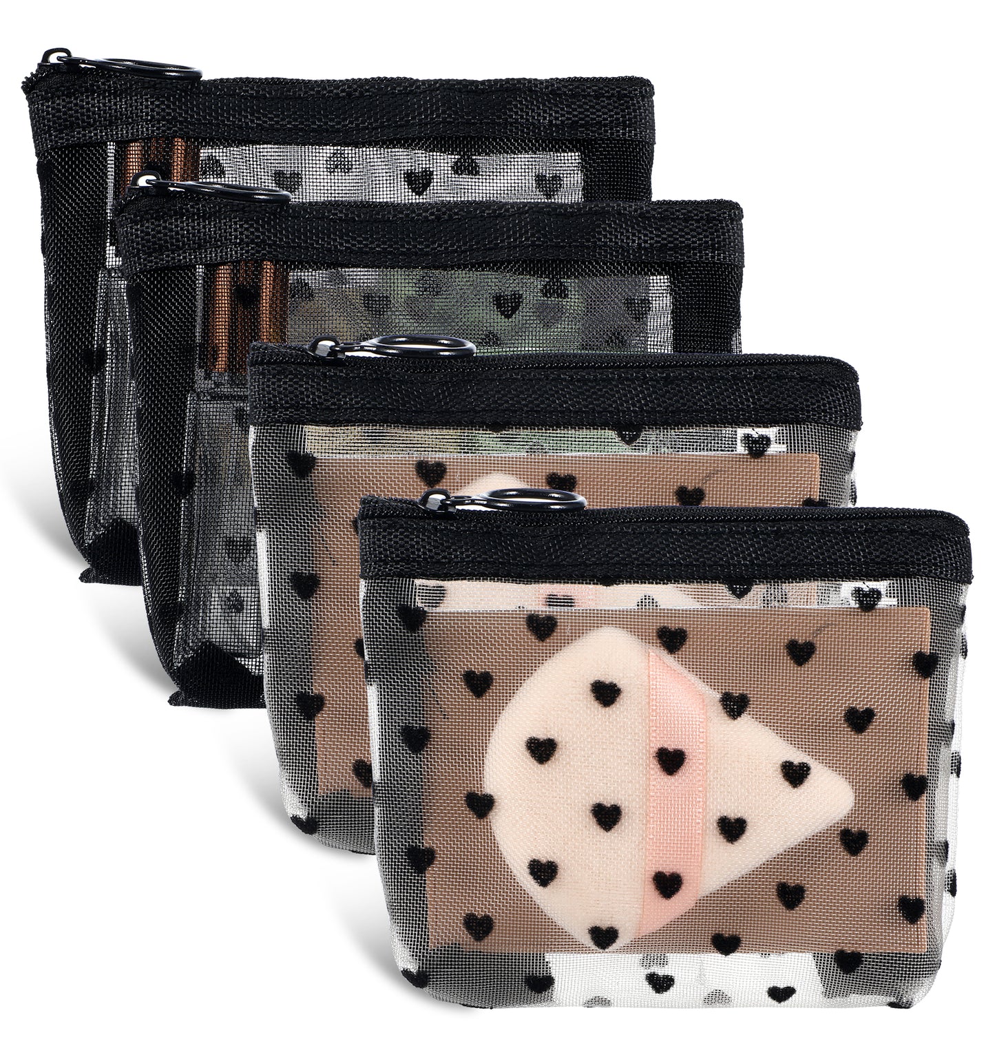 Mini Makeup Bag, 4Pcs Small Cosmetic Zipper Mesh Pouch for Handbag, Black Heart Print, Suitable for Lipstick & Makeup Essentials, Travel Friendly
