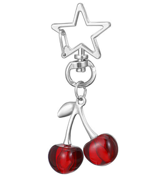 Cherry Key Chain, 7 cm Cute Mini Cherry Keychain Silver with Metal Star Lock Safety Key Ring and Y2K Design for Women Girls Car Keys, Purse & Backpack (Silver & Red)