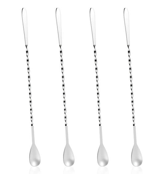 Bar Spoon, 4 Pcs 30 cm Stainless Steel Long Spoon Cocktail Stirrers for Drinks, Coffee Bar, Smooth Stirring, Cocktails & Mocktails (Silver)