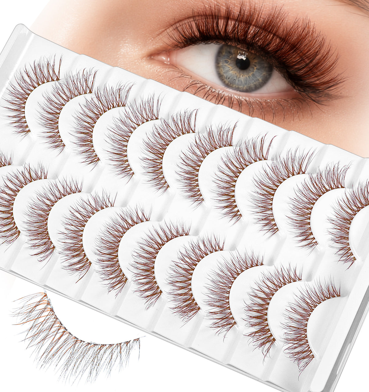 10 Pairs Brown False Lashes, Natural Cat Eye Wispy Brown Strip Lashes