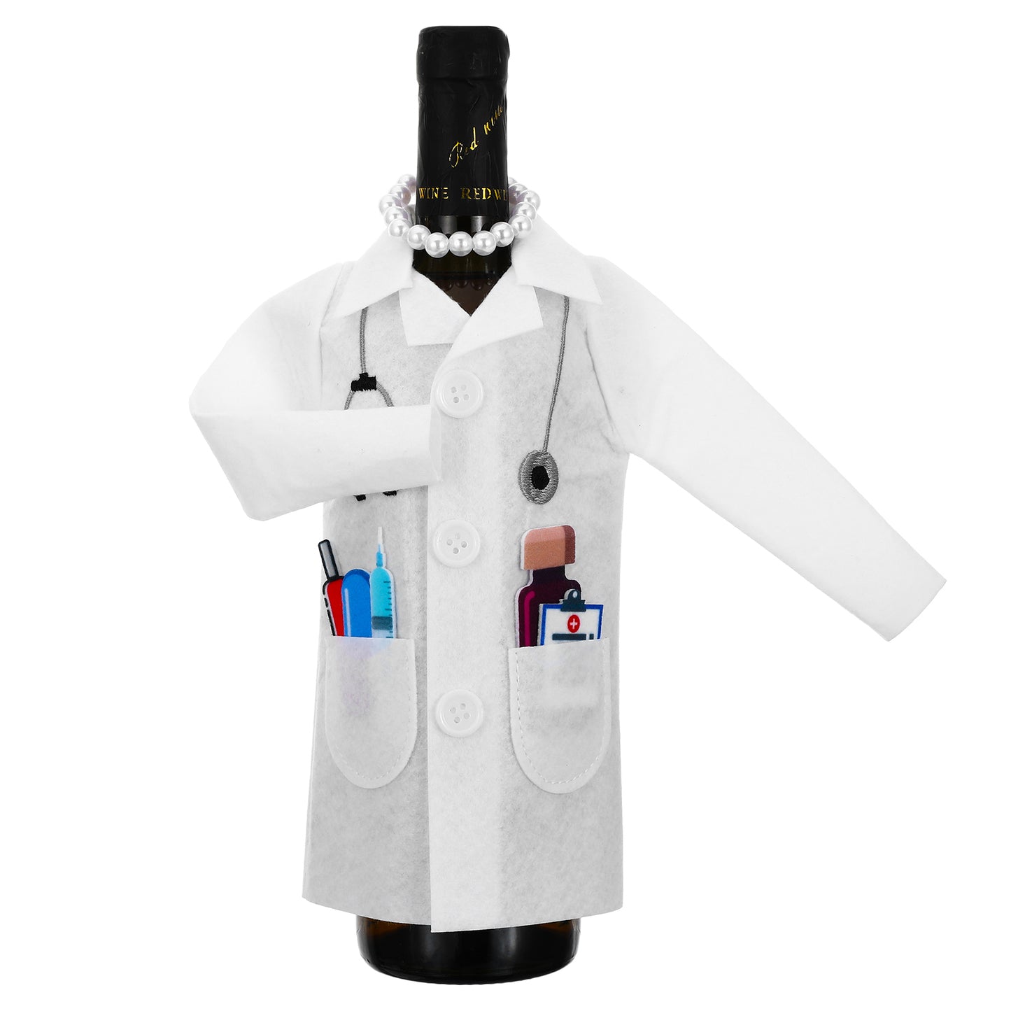 Classicseali White Wine Bag for Med School Essentials, Felt Wine Bottle Clothes for White Coat Ceremony Gifts, Nurse Practitioner Gifts Doctor Gifts with Syringe Capsules Necklace, Wine Bottle Clothes