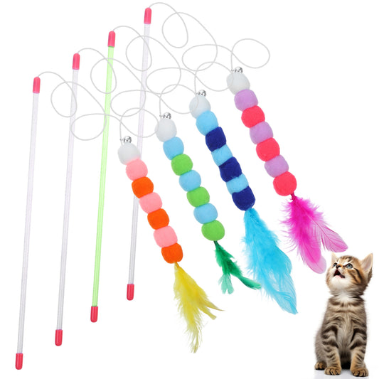 oruola 4pcs Cat Wand Toys for Indoor Cats, Cat Teaser Wand with Bells & Plush Balls, Interactive Cats Stick Toy Attachments