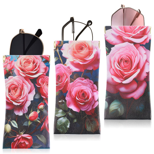 ValueBargain Flower Sunglass Case for Women, 3PC Rose Pattern PU Leather Eyeglass Pouch, Cute Aesthetic Travel Sunglasses Holder