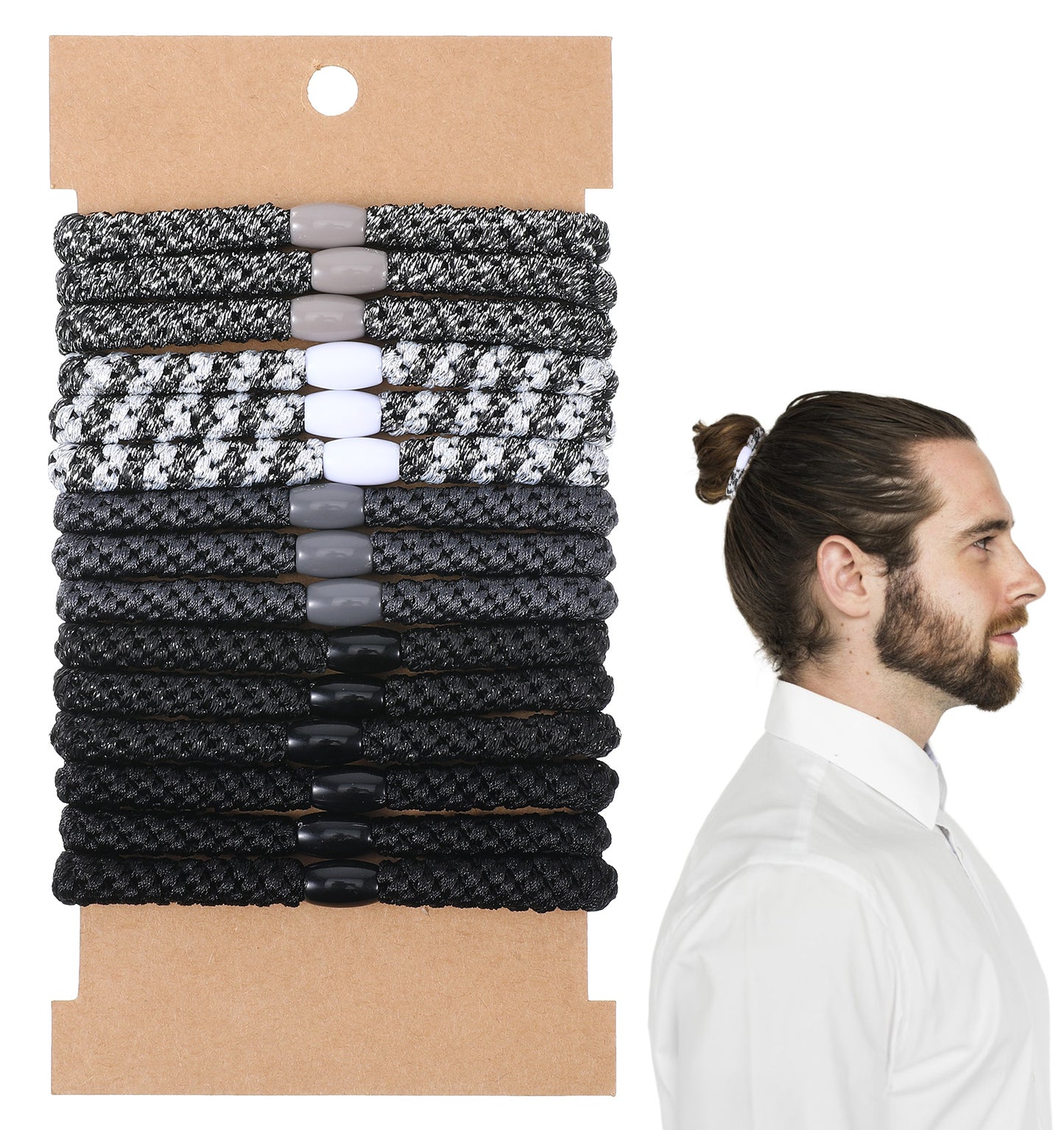 Hair Ties for Men, 15 Pack Braided Man Bun Hair Ties with Smooth Beads, Comfortable & Secure Hold for Long Hairs, Men & Women (Dark Gray)