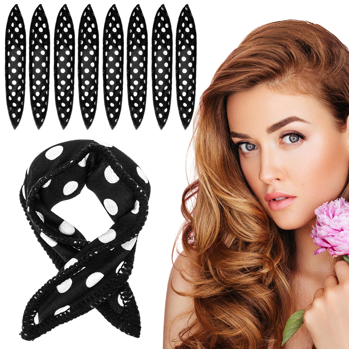 Guduling 8pcs Pillow Rollers, Black Polka Dot No-Heat Hair Curlers Overnight, Soft Sponge No-Heat Hair Curlers Suitable for Long, Short Hairs, Thick and Thin Hairs, and Various Curl Styles