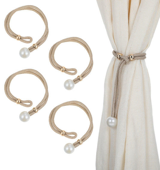oruola 4 Pack Large Pearl Champagne Curtain Tiebacks, Adjustable Rope Holdbacks with Sliding Beads, No Drilling, Elegant Tie Backs for Curtains for Home Hotel Office Drapes