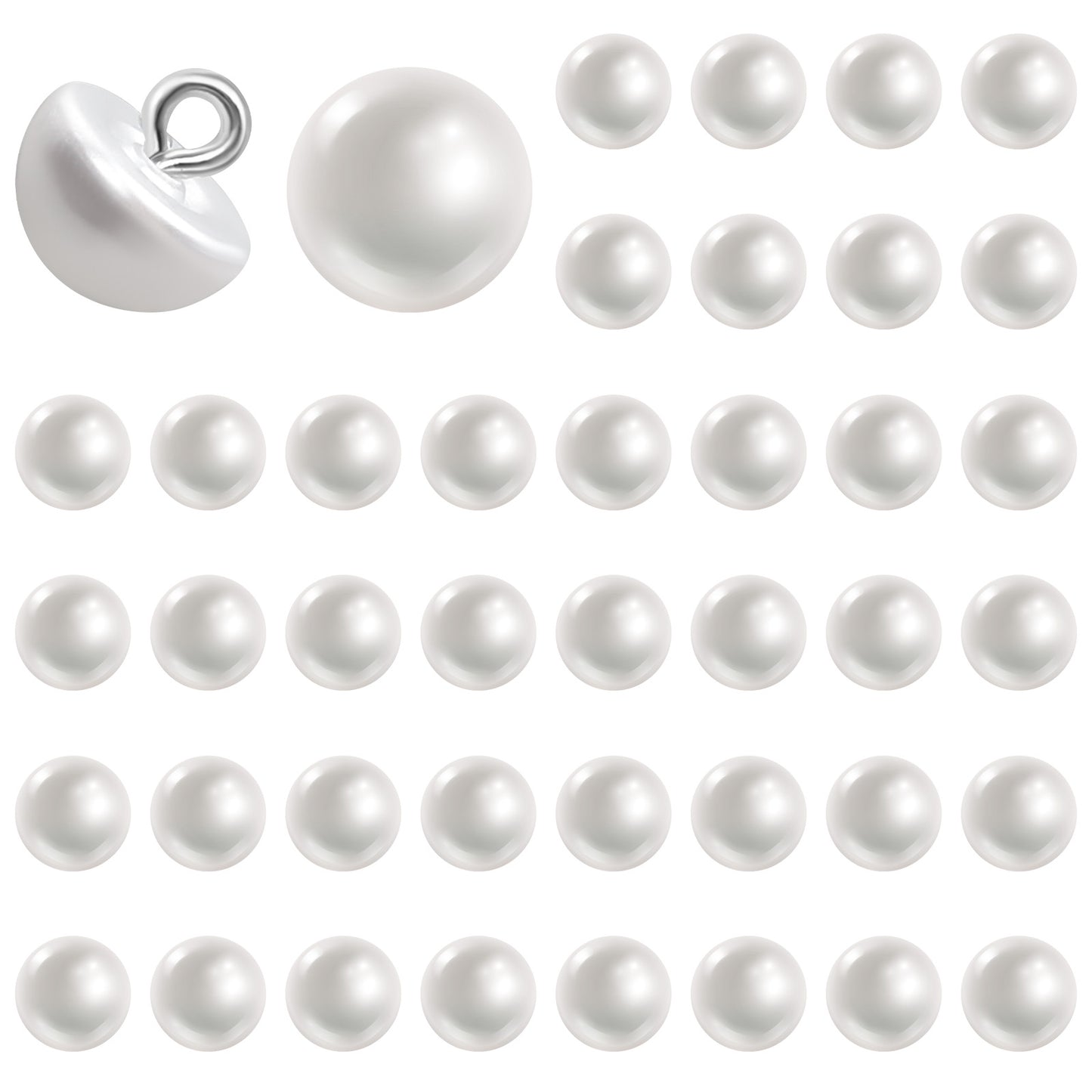 Classicseali 40pcs Pearl Buttons, Decorative Mother of Pearl Buttons, with Metal Round Hook, Semi-Circular 9mm Pearls Button for Sewing, for Wedding Dresses, Shirts, Jewelry, DIY Crafts, White