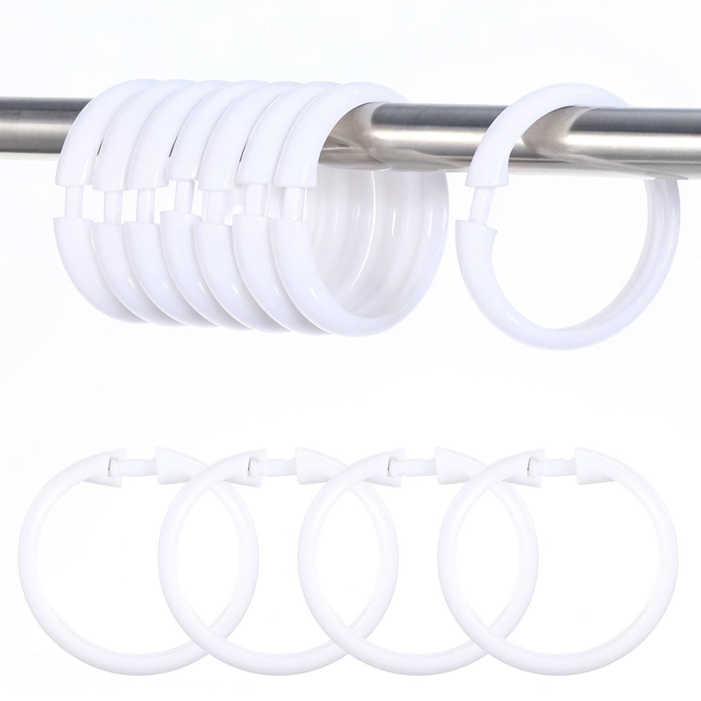 Oruola 12pcs White Plastic Shower Curtain Rings,O-Shape PP Plastic Material Shower Curtain Hook, Easy Snap Closure,Durable and Rustproof,Smooth Sliding for Bathroom,Tub,Changing Room