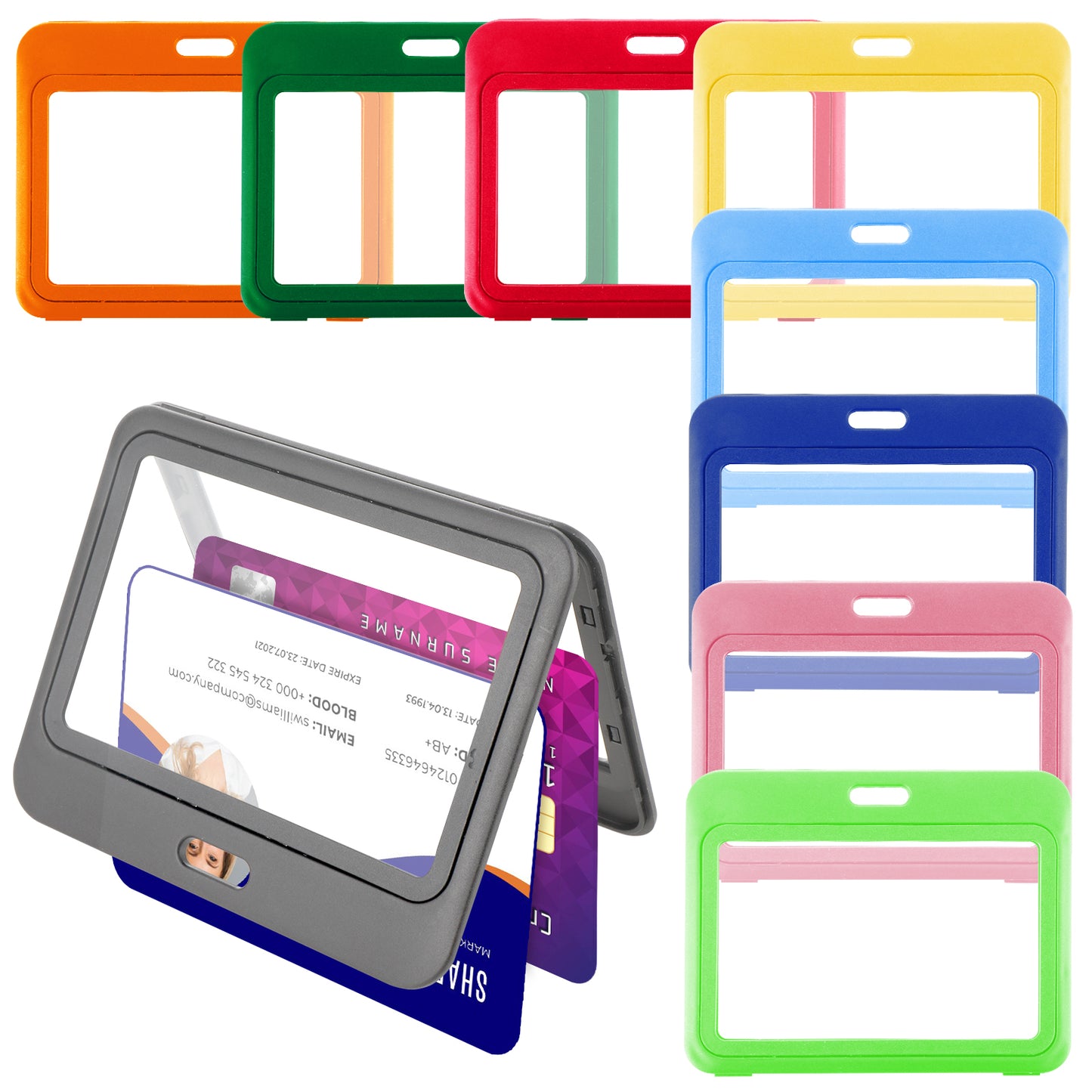 Oruola 9pcs Plastic ID Badge Holder Horizontal,Badge Holder with Double-Sided Clear Window,Id Badge Holder for Office School ID Credit Cards Proximity Key Cards Driver’s Licenses & Passes Multicolor