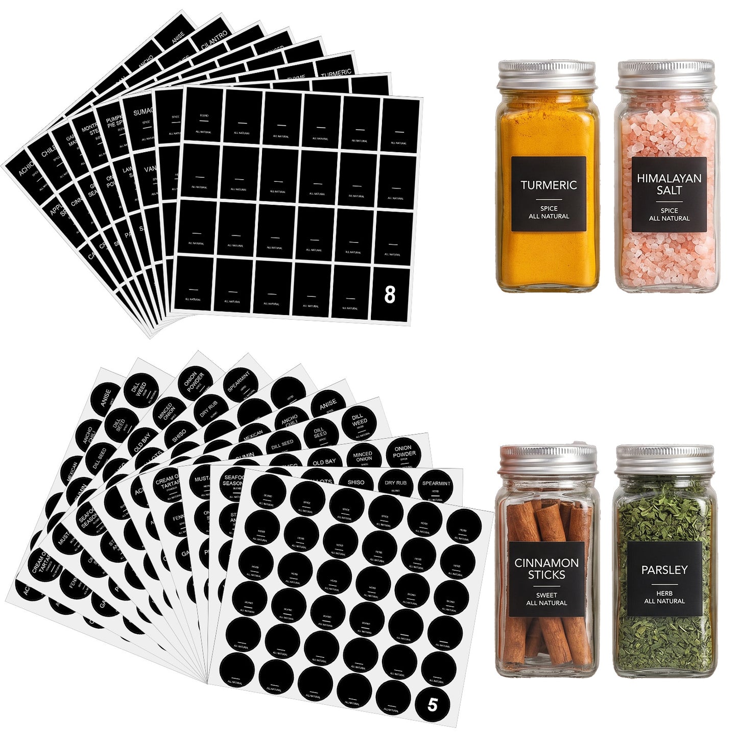 Guduling 542 Pcs Spice Stickers for Kitchen Jars,Spice Jar Labels Preprinted Waterproof with Round & Rectangular Design for Pantry Organization (Black, 1.38-1.97 in Sizes)