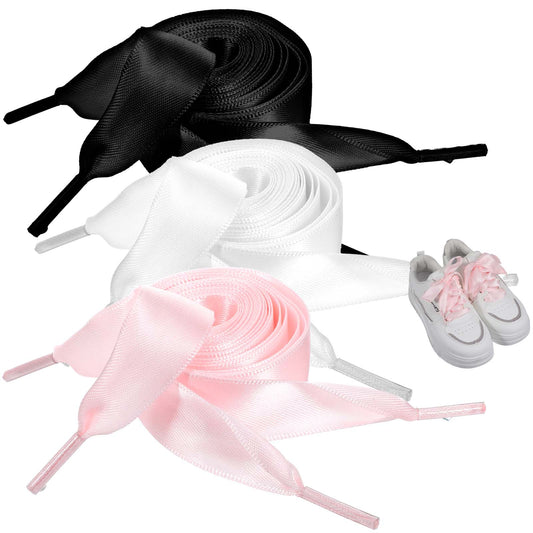 Classicseali 3 Pair Ribbon Laces, Satin Shoe Laces,Ribbon Shoe Lace Women, Soft Silk Shoelaces,Wide Flat Silk Shoelace Suitable for Sports Casual Shoes, Sneaker Skate Shoes Boots Black White Pink